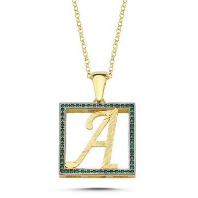 A Harfli Yeşil Taşlı 14 Ayar Altın Kaplama Kolye HR1