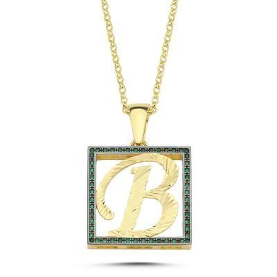 B Harfli Yeşil Taşlı 14 Ayar Altın Kaplama Kolye HR2