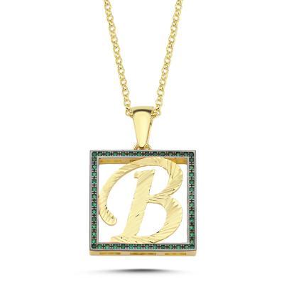 B Harfli Yeşil Taşlı 14 Ayar Altın Kaplama Kolye HR2