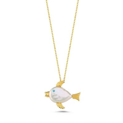 Balıklı ve İncili Altın Kaplama Kolye KLY10