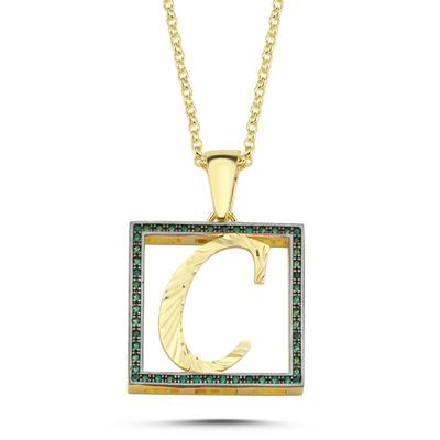 C Harfli Yeşil Taşlı 14 Ayar Altın Kaplama Kolye HR3