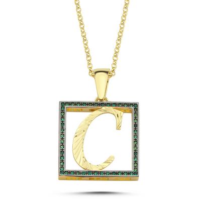 C Harfli Yeşil Taşlı 14 Ayar Altın Kaplama Kolye HR3