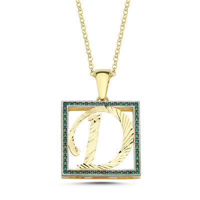 D Harfli Yeşil Taşlı 14 Ayar Altın Kaplama Kolye HR4