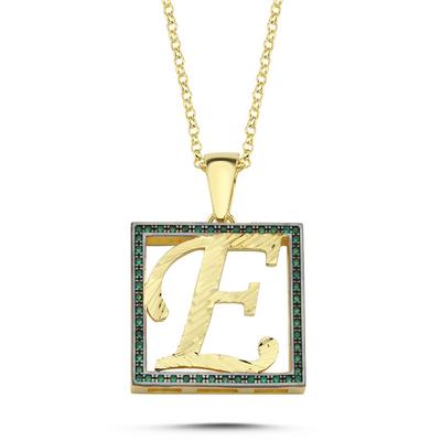 E Harfli Yeşil Taşlı 14 Ayar Altın Kaplama Kolye HR5