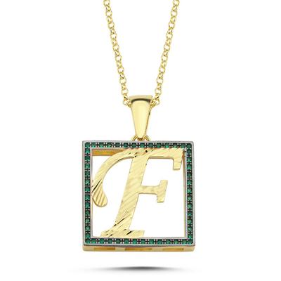 F Harfli Yeşil Taşlı 14 Ayar Altın Kaplama Kolye HR6