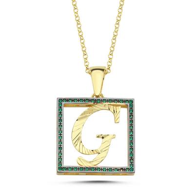 G Harfli Yeşil Taşlı 14 Ayar Altın Kaplama Kolye HR7