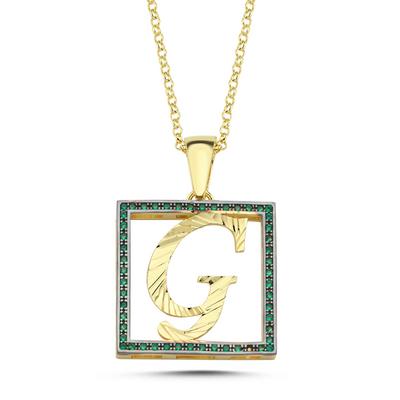 G Harfli Yeşil Taşlı 14 Ayar Altın Kaplama Kolye HR7