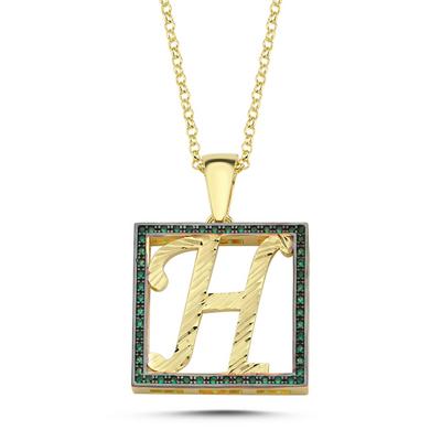 H Harfli Yeşil Taşlı 14 Ayar Altın Kaplama Kolye HR8