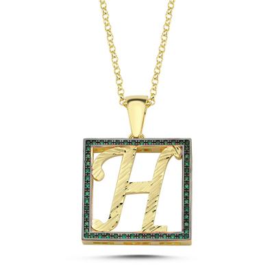 H Harfli Yeşil Taşlı 14 Ayar Altın Kaplama Kolye HR8