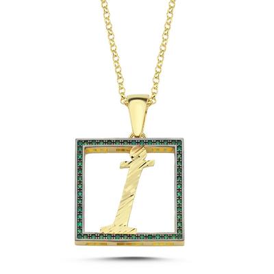 i Harfi Yeşil Taşlı 14 Ayar Altın Kaplama Kolye HR10