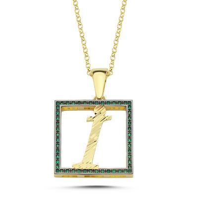 i Harfi Yeşil Taşlı 14 Ayar Altın Kaplama Kolye HR10