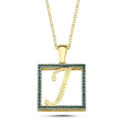 J Harfli Yeşil Taşlı 14 Ayar Altın Kaplama Kolye HR11