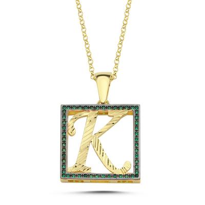 K Harfli Yeşil Taşlı 14 Ayar Altın Kaplama Kolye HR12