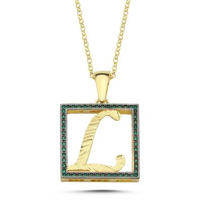 L Harfli Yeşil Taşlı 14 Ayar Altın Kaplama Kolye HR13