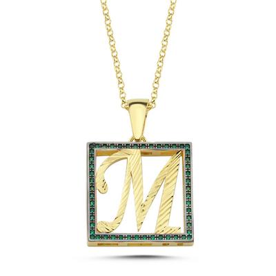 M Harfli Yeşil Taşlı 14 Ayar Altın Kaplama Kolye HR14