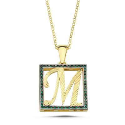 M Harfli Yeşil Taşlı 14 Ayar Altın Kaplama Kolye HR14