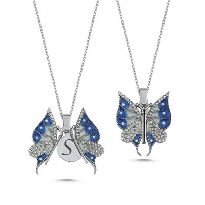 Mavi Beyaz Kelebek Açılır Kapanır Gümüş Kolye AK14