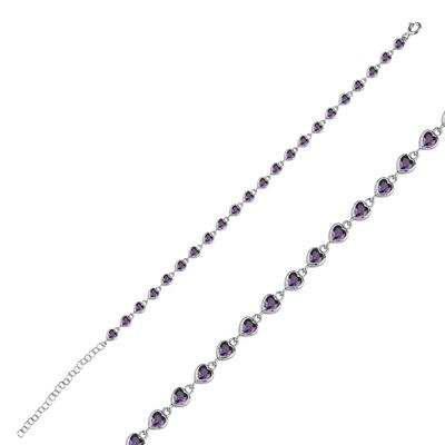 Mor Taşlı Kalpli Gümüş Bileklik BLK34