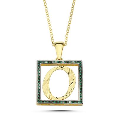 O Harfli Yeşil Taşlı 14 Ayar Altın Kaplama Kolye HR16
