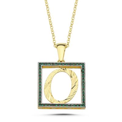 O Harfli Yeşil Taşlı 14 Ayar Altın Kaplama Kolye HR16
