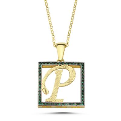 P Harfli Yeşil Taşlı 14 Ayar Altın Kaplama Kolye HR18