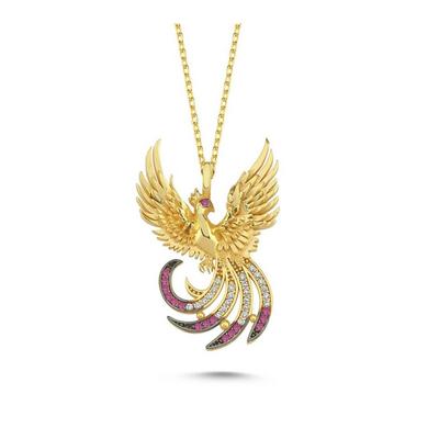 Fuşya Taşlı Anka Kuşu Altın Kaplama Kolye  ANK24