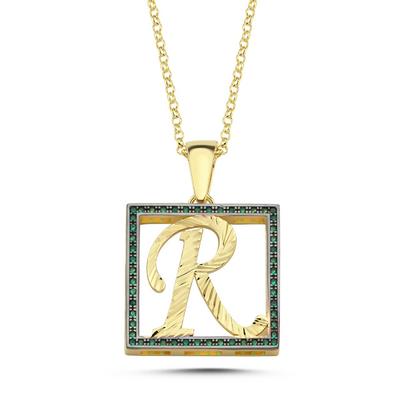 R Harfli Yeşil Taşlı 14 Ayar Altın Kaplama Kolye HR19