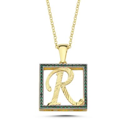 R Harfli Yeşil Taşlı 14 Ayar Altın Kaplama Kolye HR19