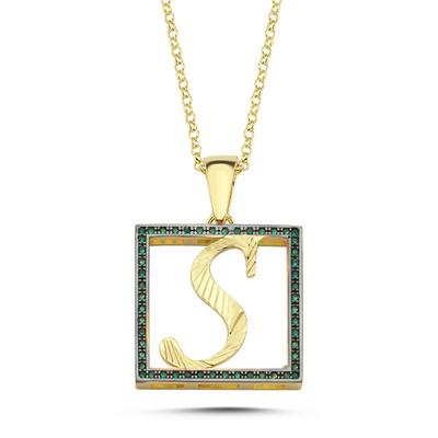 S Harfli Yeşil Taşlı 14 Ayar Altın Kaplama Kolye HR20