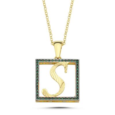 S Harfli Yeşil Taşlı 14 Ayar Altın Kaplama Kolye HR20