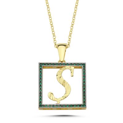Ş Harfli Yeşil Taşlı 14 Ayar Altın Kaplama Kolye HR21