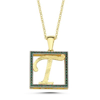 T Harfli Yeşil Taşlı 14 Ayar Altın Kaplama Kolye HR22