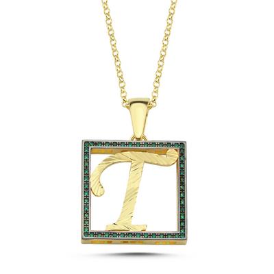 T Harfli Yeşil Taşlı 14 Ayar Altın Kaplama Kolye HR22