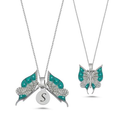 Turkuaz Beyaz Kelebek Açılır Kapanır Gümüş Kolye AK12