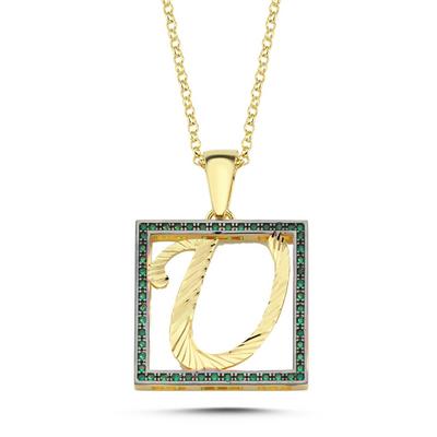 U Harfli Yeşil Taşlı 14 Ayar Altın Kaplama Kolye HR23