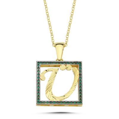 Ü Harfli Yeşil Taşlı 14 Ayar Altın Kaplama Kolye HR24