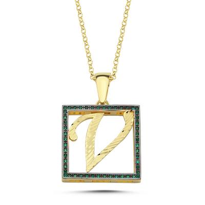 V Harfli Yeşil Taşlı 14 Ayar Altın Kaplama Kolye HR25