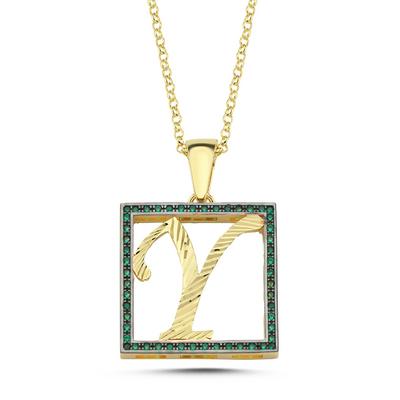 Y Harfli Yeşil Taşlı 14 Ayar Altın Kaplama Kolye HR26