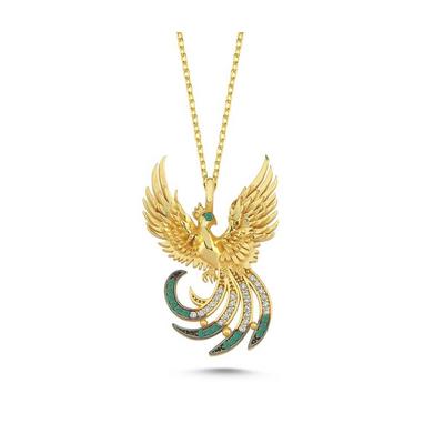 Yeşil Taşlı Anka Altın Kaplama Kolye ANK12