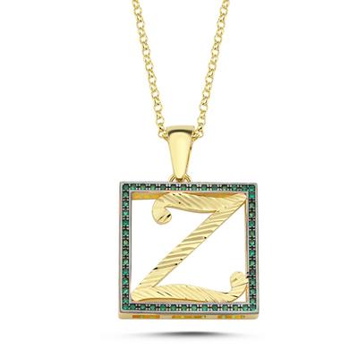 Z Harfli Yeşil Taşlı 14 Ayar Altın Kaplama Kolye HR27